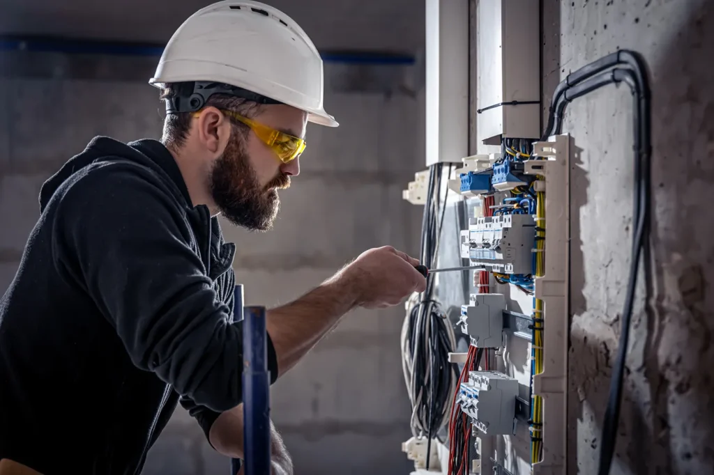 a male electrician works in a switchboard