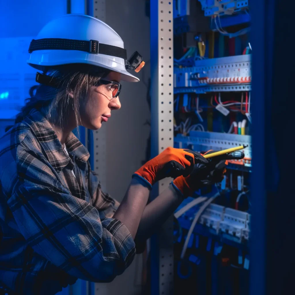 female electrician installing wiring in electrical