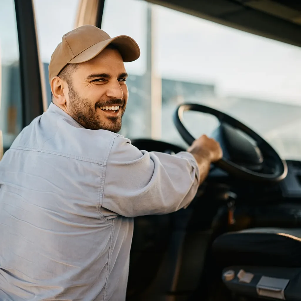 happy tow truck driver getting into vehicle